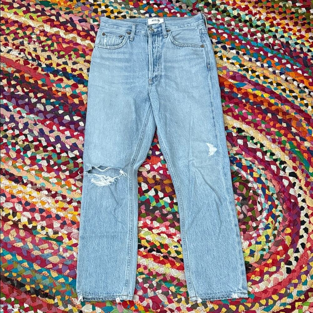 Agolde Riley Crop Blue Light Wash Button Fly Distressed Denim Jeans